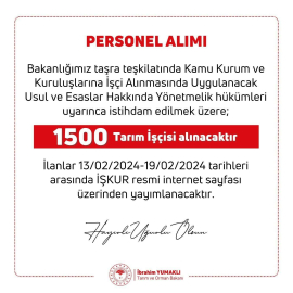 Tarım ve Orman Bakanlığına bin 500 işçi alınacak